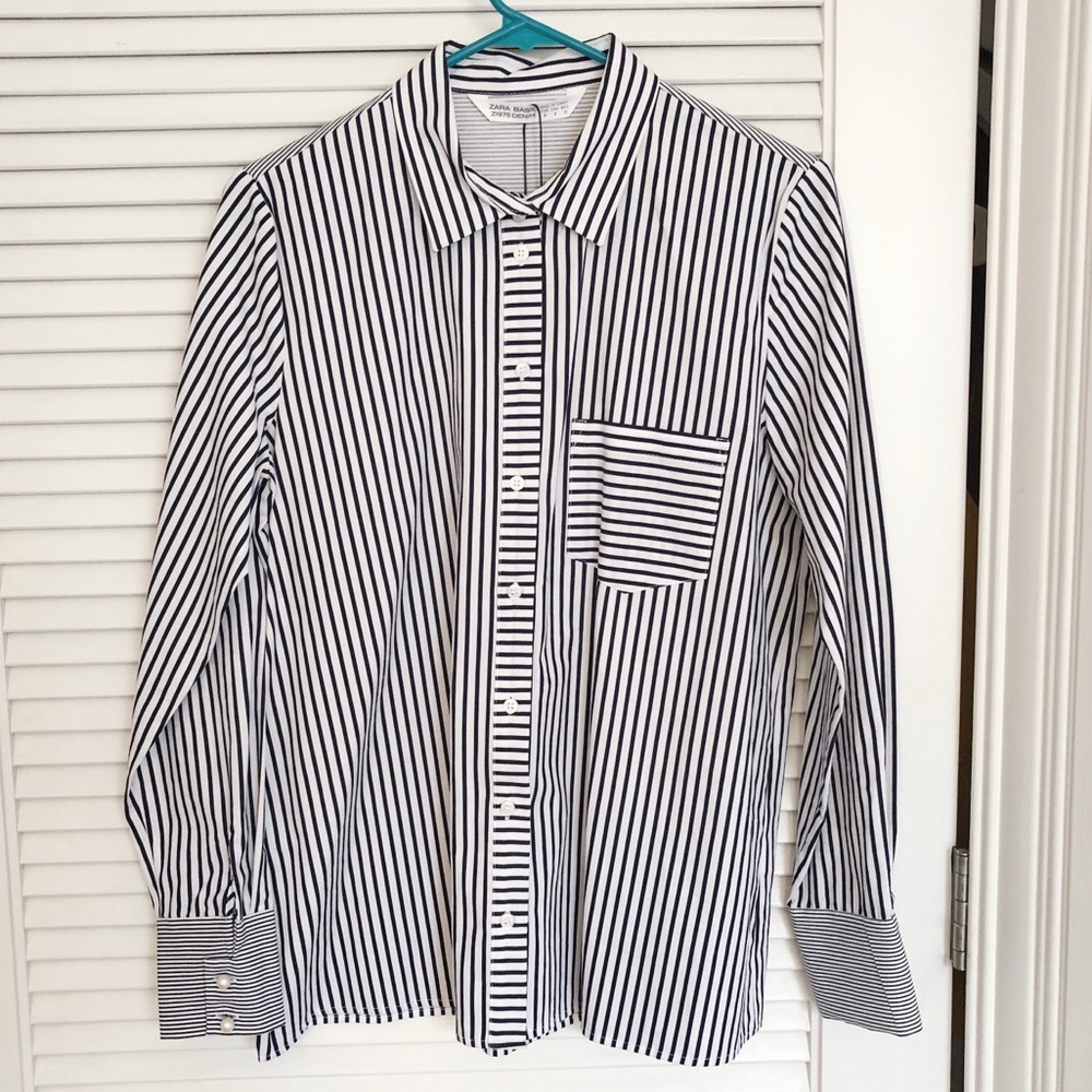 Zara Striped Button Down with Pearl Detail